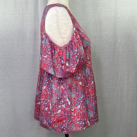 LUCKY BRAND Women’s Floral Red Blue Cold Shoulder Baby Doll Top Sz S - Picture 5 of 11